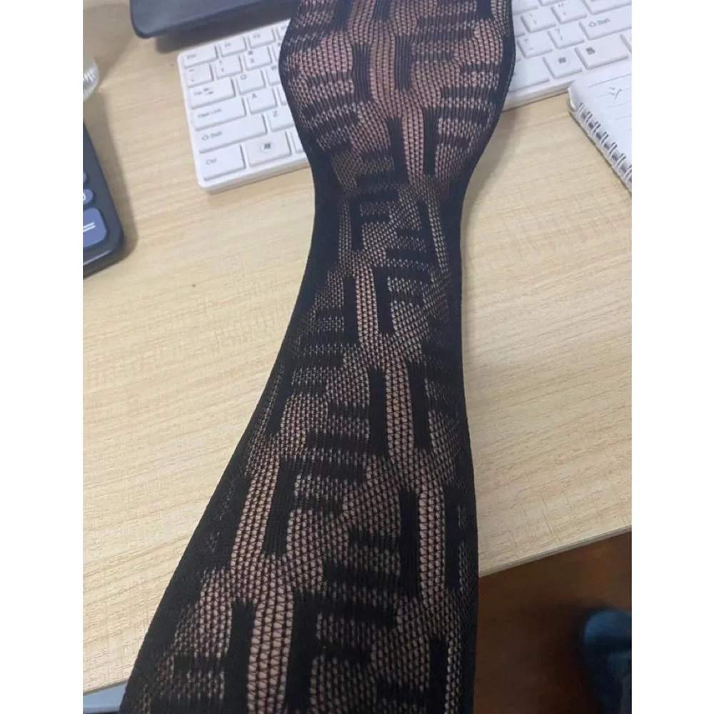 FF Monogram Logo Nylon Diamond Fishnet Pantyhose Black Tights